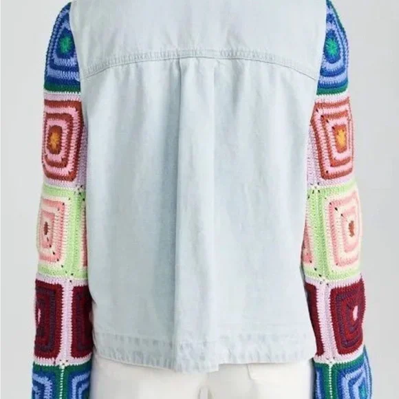 Colorful Crochet Sleeve Denim Jacket - Picture 2 of 3